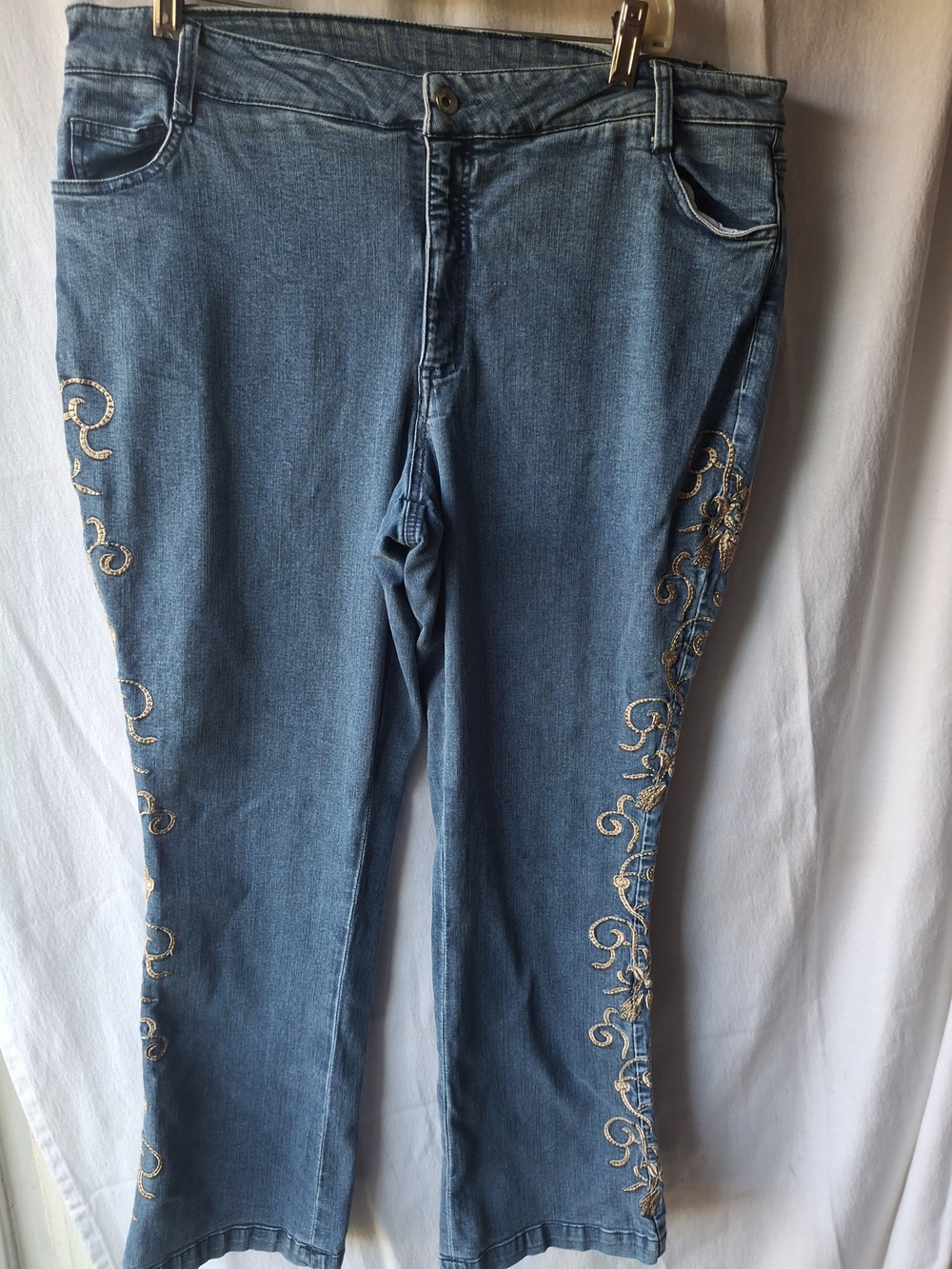24/7 Comfort Apparel Blue Boot Cut Jeans with Gold Embroidery